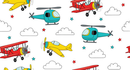 Seamless Pattern with Cute Hand Drawn Cartoon Airplanes, Helicopters, Clouds, and Stars in the Sky for Childrens Bedding, Wallpaper, and Nursery Textile Designs © Rafika