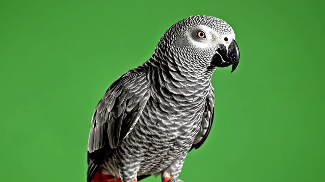 Gray Parrot, African Grey Bird, Green Screen Background, Studio Portrait, Colorful Pet ai 4k Video