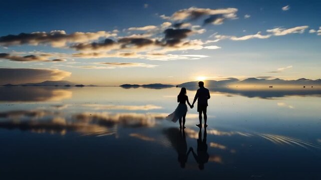 Salar de Uyuni in Bolivia during sunset. Aerial image Rainy Season.Time lapse.