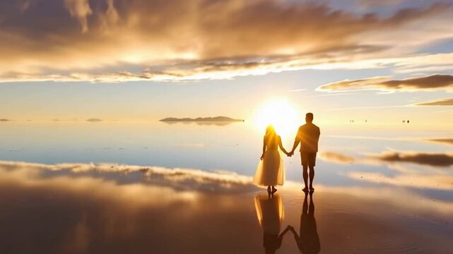Salar de Uyuni in Bolivia during sunset. Aerial image Rainy Season.Time lapse.
