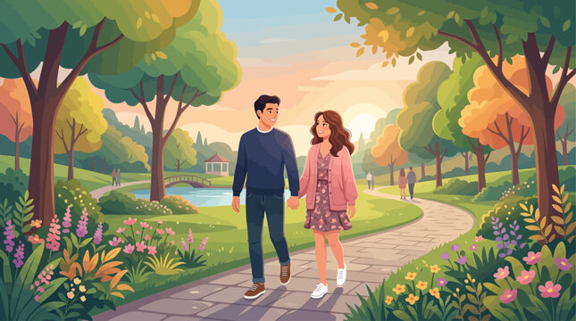 Couple enjoying a romantic stroll through a picturesque park on a sunny day, surrounded by blooming flowers and lush green trees