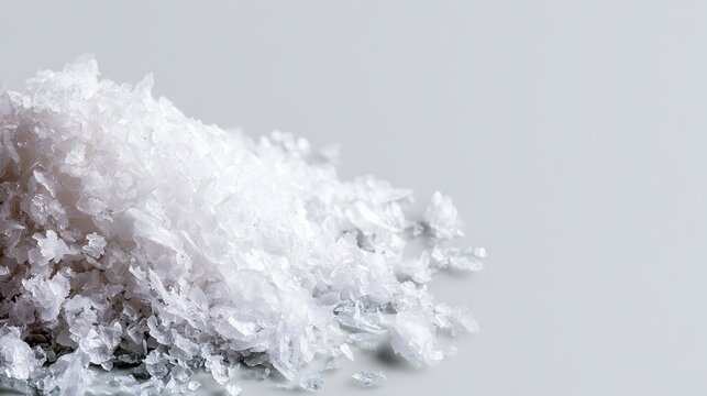 Close-up of sea salt flakes on a smooth surface.