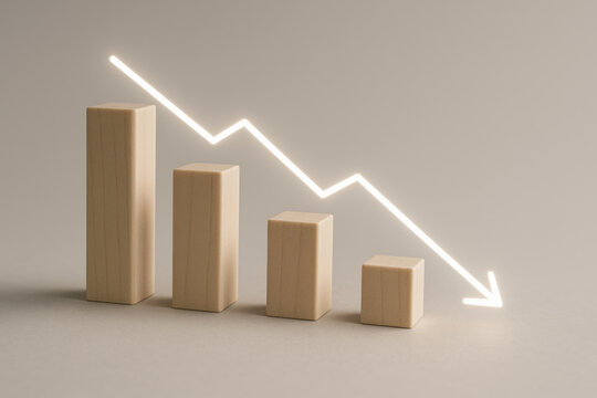 Wooden block column chart showing financial decline with white arrow pointing downward indicating economic recession business loss corporate failure risk