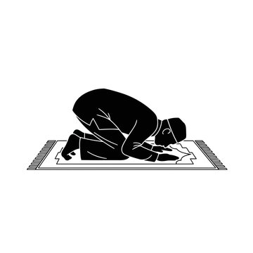 Illustration of silhouette of a muslim man praying on a prayer mat in prostration on a