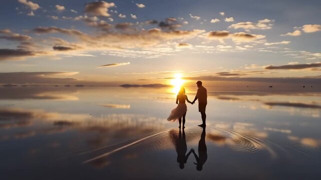 Salar de Uyuni in Bolivia during sunset. Aerial image Rainy Season.Time lapse.
