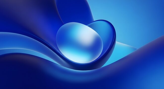 Abstract blue background with shimmering sphere and wavy lines
