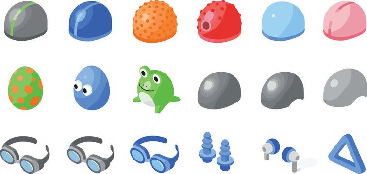 isometric swimming gear accessories set with colorful swim caps goggles earplugs and cute cartoon frog character icons for pool water sports vector illustration