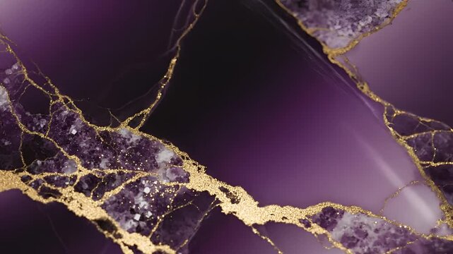 Abstract Purple Amethyst Geode Slice with Gold Veins Texture Background.