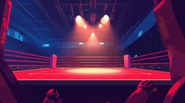 Digital illustration of an empty boxing ring under bright stage lights