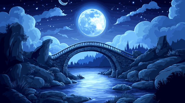 Night scene with moonlit river, stone bridge, mountains, clouds