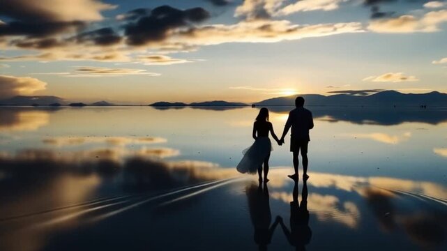 Salar de Uyuni in Bolivia during sunset. Aerial image Rainy Season.Time lapse.