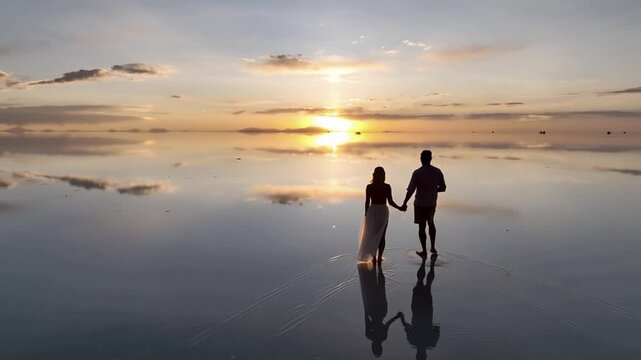 Salar de Uyuni in Bolivia during sunset. Aerial image Rainy Season.Time lapse.