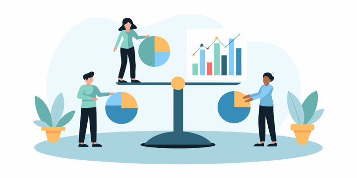 Illustration of people analyzing data with pie charts and a balance scale vector graphic