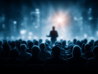 Obraz premium Visionary Global Summit: Silhouette of Keynote Speaker Presenting Innovation Strategy to Corporate Audience Against Futuristic Cityscape Background