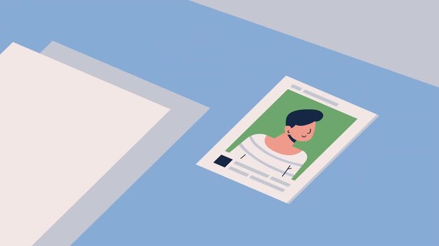 Animation of social media profile document on blue surface in flat design style.