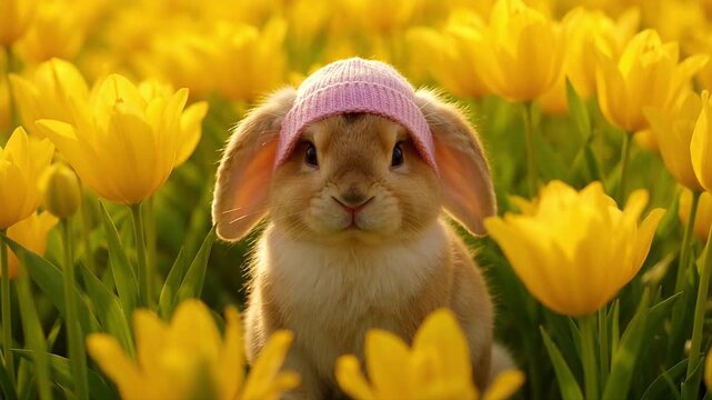 Sweet little bunny wearing a pink hat sitting among bright yellow tulips