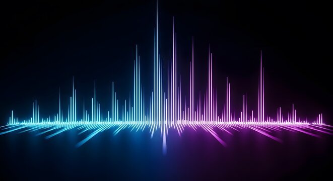 Neon sound wave visualization with vibrant blue and magenta spectrum on a dark background representing audio equalization