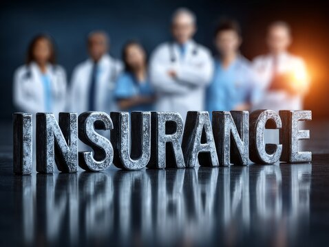 Solid Healthcare Protection: 3D Stone Text INSURANCE with Blurred Professional Medical Team of Doctors and Nurses in Background