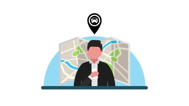 Man with map and car navigation pin using smartphone for location services motion graphic.