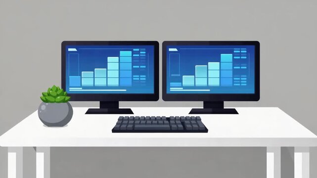 Business Data on Computer Monitors and Office Desk Still Life