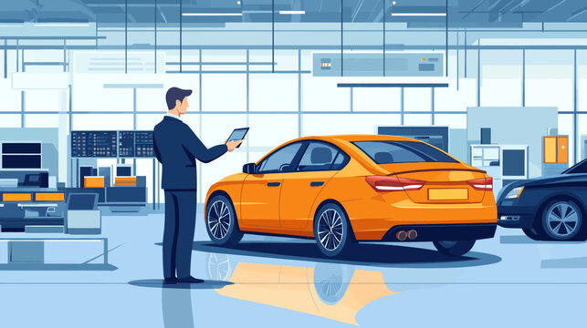 Man inspecting an orange sedan inside a spacious car showroom
