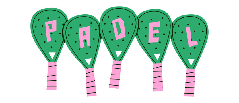 Flat illustration of colorful padel rackets forming the word PADEL. Creative padel tennis concept for sports branding, tournament promotion, web, app, poster, and social media design.