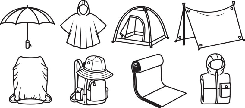 Black and white line drawing of different backpack styles vector icons Vector
