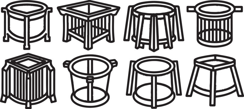 Set of eight black wireframe barrels seamless pattern vector Vector