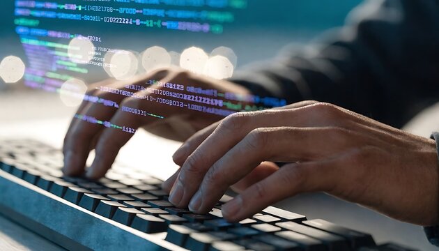 Software developer coding on a laptop with digital code overlay, representing programming, artificial intelligence, and modern software development technology.cybersecurity, data programming