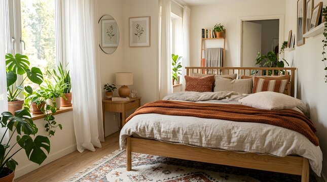 Luxury hotel bedroom interior features comfortable pillows on a bed with elegant lamps and modern decor by a window in a bright indoor room