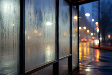 Fototapeta premium Foggy bus shelter glass with blurred street lights for urban background