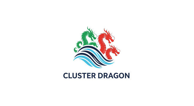Cluster Dragon Logo - Three Dragons Emerging from Waves, Asian Mythology Inspired