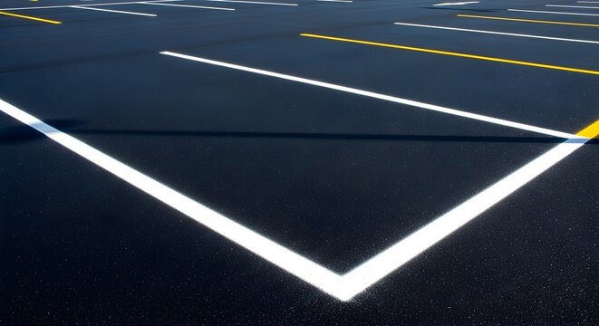Crisp white and yellow lines on a newly paved asphalt parking lot, creating a modern geometric pattern with a clear sense of depth and order