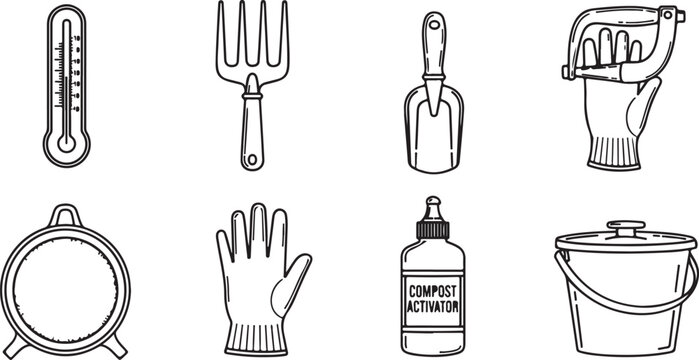 Line art illustrations of gardening and composting tools Vector