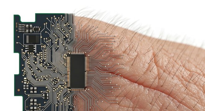 Close-up of a human hand holding a detailed circuit board with electronic components, high-tech, futuristic, digital, innovation isolated on transparent background