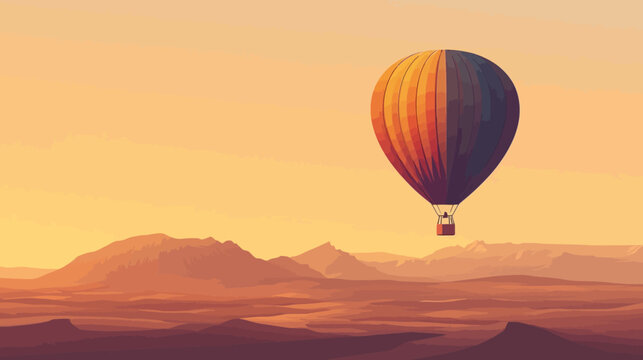 Digital art of a hot air balloon floating above a mountainous landscape at sunset