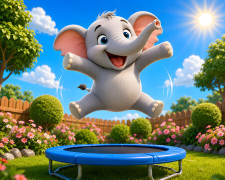 Cute cartoon baby elephant jumping on a trampoline in the garden, 3D illustration summer concept.