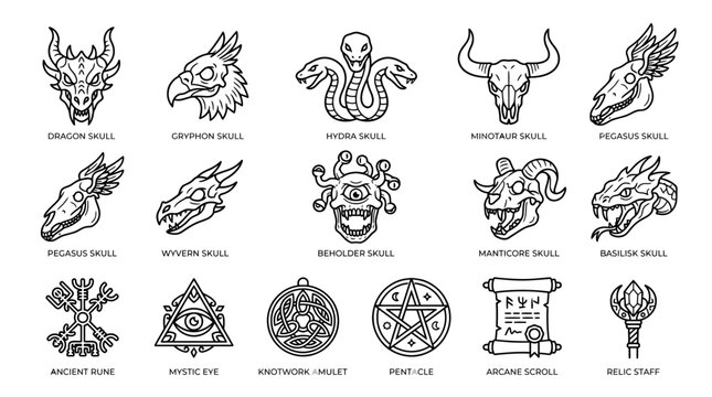 Fantasy creature skulls and arcane symbols collection for game design