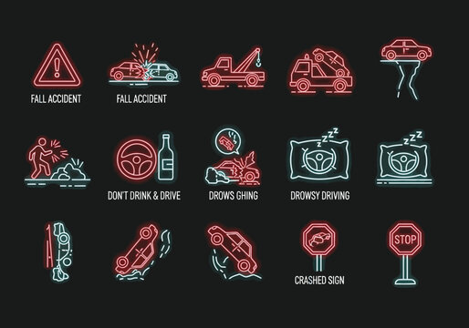 Collection of neon line icons depicting various traffic accident scenarios and road safety warnings.
