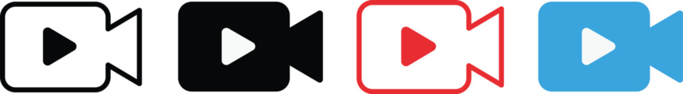 Four colorful play buttons in black, red, blue, and white black play button red play button
