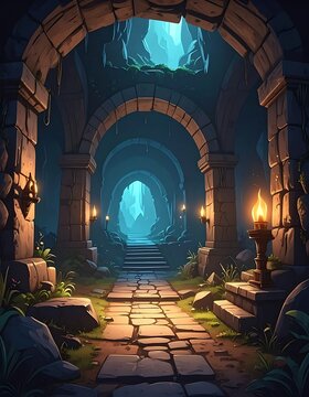 A dimly lit stone passageway with arches and stairs leading to a glowing exit