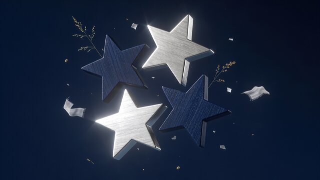 Three dimensional silver and navy blue metallic stars with shattered fragments white fringes and dry grass stems on deep blue