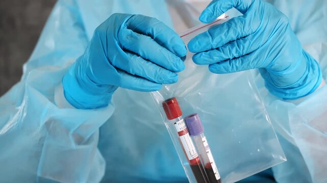 Close up of laboratory worker placing blood sample tubes into sterile transport bag during medical diagnostics and laboratory specimen handling.