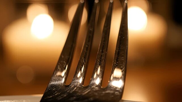 Closeup of a shiny metal fork with blurred warm lights in the background.