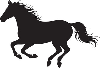 Graceful black horse silhouette galloping with flowing mane and tail with running on white background © Nur