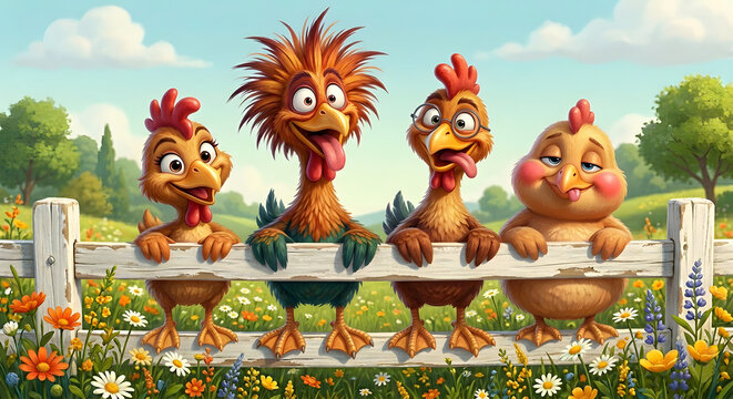 Funny cartoon chickens with crazy expressions on a wooden fence, 3D illustration summer concept.