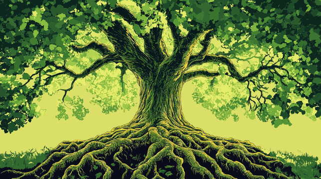 Large leafy tree with extensive roots and green canopy