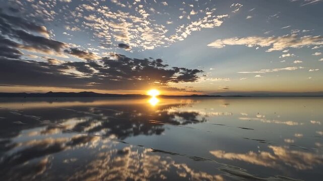 Salar de Uyuni in Bolivia during sunset. Aerial image Rainy Season.Time lapse.