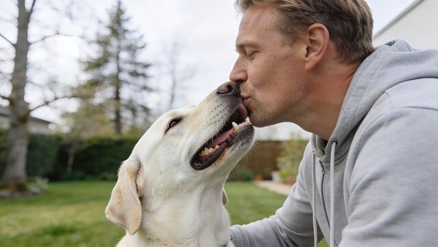 Man kissing yellow labrador dog in garden. Affectionate bond between owner and pet canine. Outdoor companionship and joyful moment with family dog