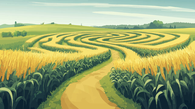A vibrant yellow-green cornfield with winding paths under a cloudy sky